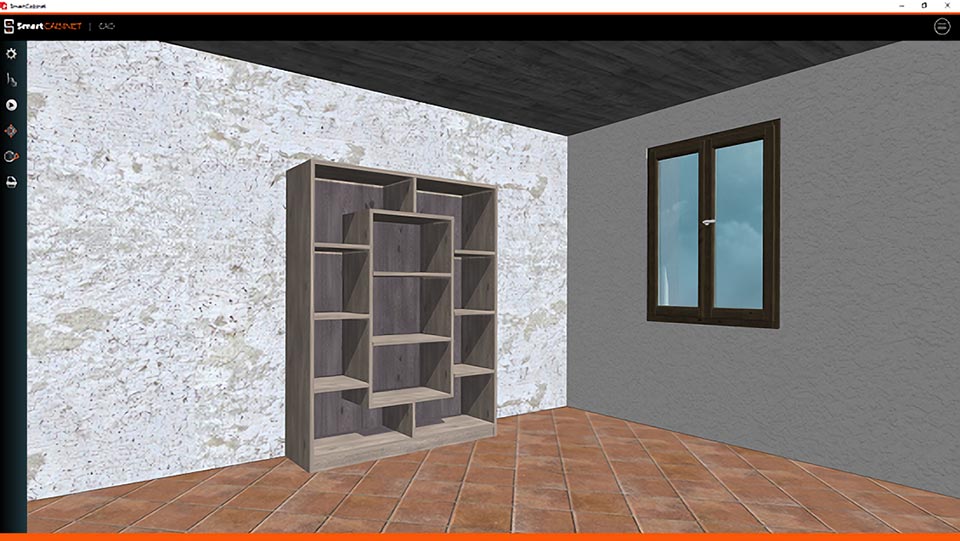 A SmartCabinet program tervező felületén egy 3D-s modell látható egy szobáról, benne egy szekrény a középpontban.