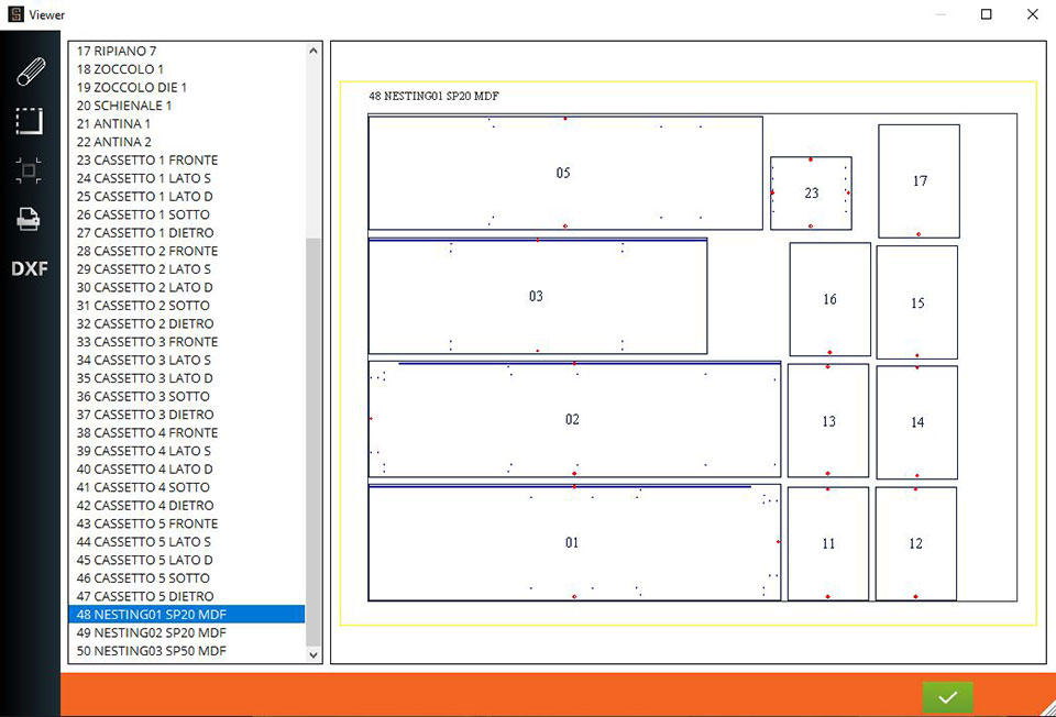 A SmartCabinet program view-erében egy listából kiválasztott érték (48 Nesting01 SP20 MDF) a bútor lapjai láthatóak.