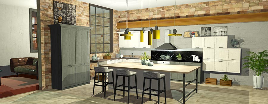 Egy amerikai stílusú konyha és szoba 3D-s terve.